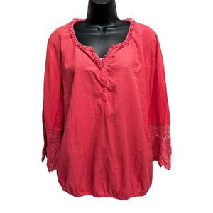 Style & Co Pink Crochet Bell Long Sleeve‎ Blouse Elastic Hem Size XL Cotton